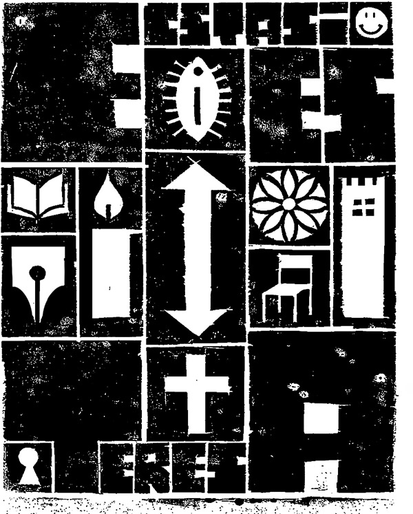 Linoleum or woodcut letterpress in black and white with different symbols