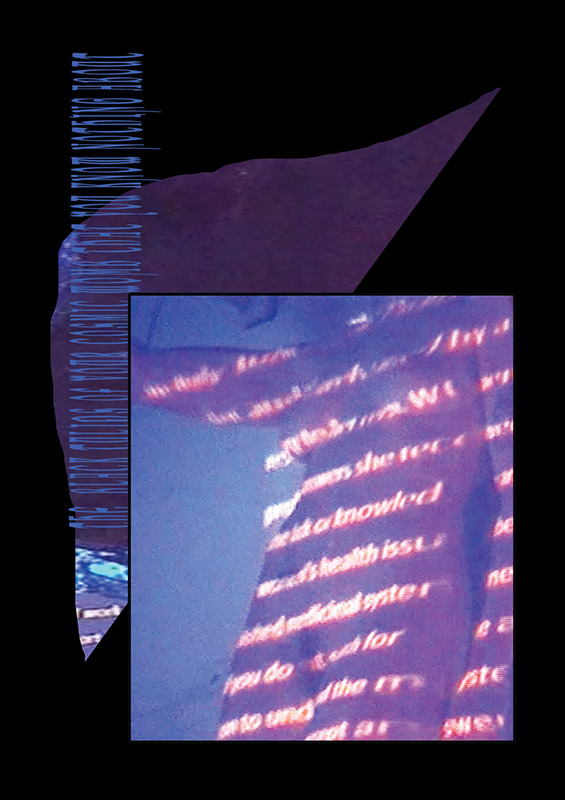 Image collage with a picture of a projection of a naked woman's body with luminous illegible writing in the center. Overall with blue, purple and black colors.