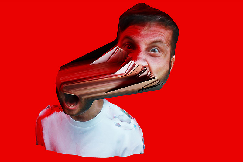 Graphic of elongated distorted screaming face on red background
