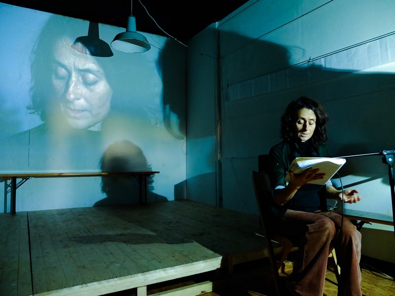 A middle-aged woman, sitting at the right edge of the stage, reads from a thick textbook, her shadow reaching to the back wall on which a live video projection of her face can be seen.