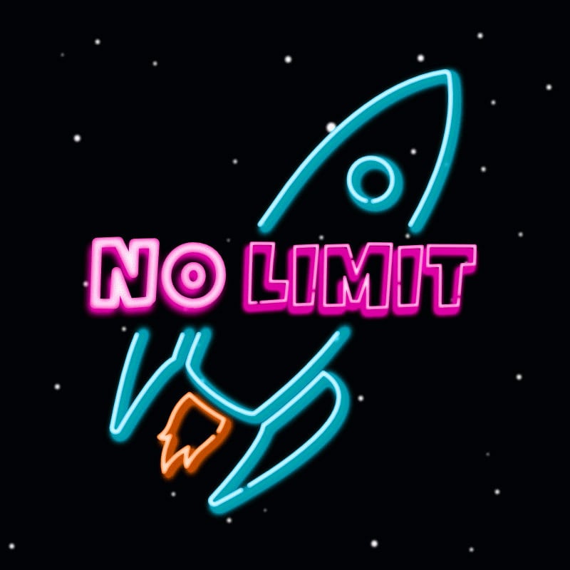 Graphic of neon blue outline of a rocket in space. Written in neon pink characters: no limit.