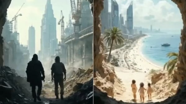 Zwei Frames aus dem berühmten AI-Video über den Gazastreifen als Urlaubsort. Links die Silhouette zweier Erwachsener, die durch Trümmer gehen, am Horizont Baustellen. Rechts drei Kinder auf dem Weg zum Strand, am Horizont Wolkenkratzer.