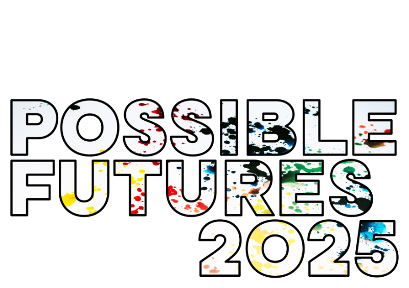 Schriftszug mit weißen Buchstaben mit Tropfen von Farbe in gelb, grün, blau, rot, schwarz umrandet.