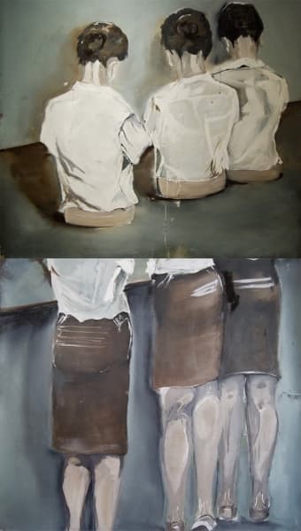 Image of the paintings "Conformity", "Uniformity" by Nina L Felice. Set one above the other, below female bodies from the waist to the knee in black skirts, bare leg can be seen, above upper body in white blouses standing on a gray surface, like figurines without arms and heads. The color scheme gray, white and black and rough brushstroke.